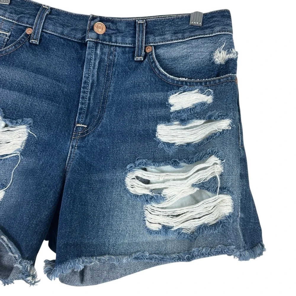 7 For All Mankind Distressed Shredded Denim Shorts Blue Raw Hem AU5170712A Sz 29